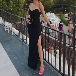 Simple Split Spandex Prom Dresses Black V-Neck Sleeveless Elegant Vestidos De Gala Floor-Length Modern Party Evening Gowns