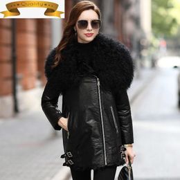 Women's Leather Genuine Cow Jacket Women 10% White Duck Down Coat Winter Jackets Wool Fur Collar Luxury Coats & Faux