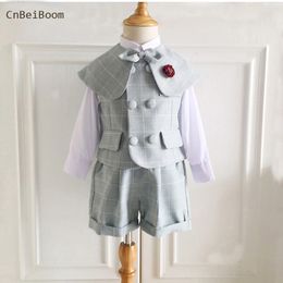 Clothing Sets Fashion Baby Boy Suit Clothes Kids Outfits Set Infant Party Birthday Dresses born Costume Shirt Plaid Vest Shortshawl Bow 230110