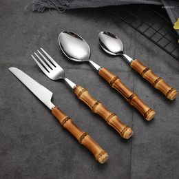 Dinnerware Sets 1 Pcs Bamboo Handle Tableware Western Steak Knife Cake Dessert Spoon Stainless Steel Fork 2023