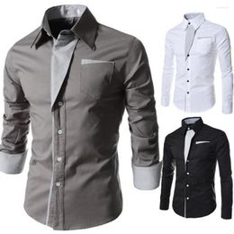 Men's Dress Shirts Long Sleeve Top Men Shirt Fashion Slim Fit Stand Collar Colour Block Button Up