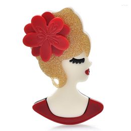 Brooches Wuli&baby Acrylic Sexy Lady Brooch Pins Women Wear Red Flower Golden Hair Charming Girl Party Office Gifts