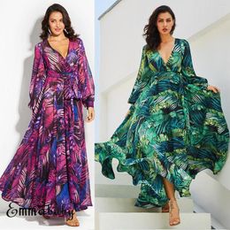 Casual Dresses 2023 Women Floral Printed Long Maxi Dress Summer Beach Plus Size Holiday Green