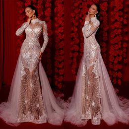 Luxury Ball Gown Wedding Dresses Appliques V Neck Long Sleeves Sequins Ruffles Pearls Appliques Floor Length Detachable Train Formal Dresses Bridal Gowns Plus Size