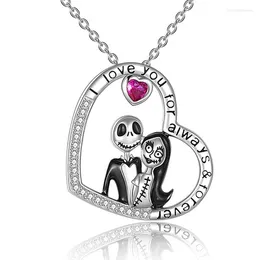 Pendant Necklaces Vintage Punk Personality Stainless Steel Skull Lover Necklace Heart Pink Crystal Fashion Jewelry