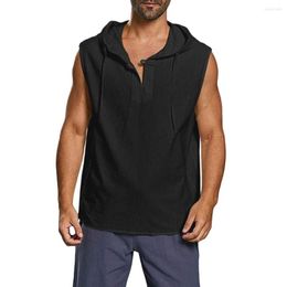 Men's T Shirts 2023 Fashion Shirt Baggy Cotton Linen Solid Button Beach Sleeveless Hooded Tank Comfortable Casual Male Tops