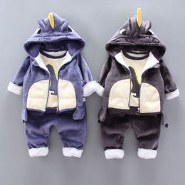 Clothing Sets Baby Boys Clothing Sets Winter Plus Velvet Thick Warm 3Pcs Outift Cartoon Dinosaur Children Clothes Sport Tracksuit Set For Kids 230110