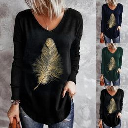 Women's TShirt Fashion Feather Printed Casual VNeck Top Elegant Loose Hedging Long Sleeve Spring And Autumn Apparel 230110