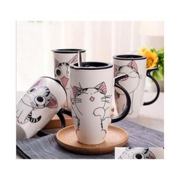 Mugs Cute Cat Ceramics Coffee Mug With Lid Large Capacity 600Ml Animal Creative Drinkware Cups Novelty Gifts Milk Cup Drop Delivery Dhfrq