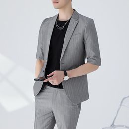 Men's Suits & Blazers (Jacket Pants) Half-sleeved Suit 2023 Summer Men High-quality Fashion Striped 2-piece Wedding Host Slim Tuxedo Blazer