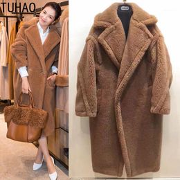 Women's Fur 2023 Winter Runway Design Thick Warm Lamb Long Coat For Women Teddy Bear Loose Outwear Jacket