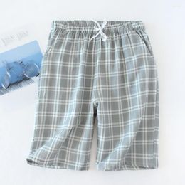 Men's Sleepwear Cotton Men Summer Casual Loose Elastic Waist Plaid Pajama Bottoms Short Pants Drawstring Long Boxershorts