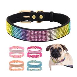 Dog Collars Leashes Bling Rhinestone Collar Soft Suede Leather Cat Puppy Necklace For Small Medium Dogs Cats Chihuahua Yorkshire P Dhqvx