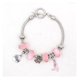 Charm Bracelets 10PCS Breast Cancer Jewellery T-bar Toggle Closer Hope Pink Ribbon Charms Bangle&Bracelet For Awareness Pulsera