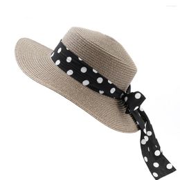 Wide Brim Hats Spring Summer Lady Boater Sun Dot Ribbon Flat Top Straw Beach Vacation Hat Round Panama Cap For Women