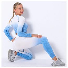 Gym Clothing Summer Women's Sportswear Suit Sexy Gradient Dyeing High Waist Hip Tights Seamless Yoga Fitness Jogging Sports 2-piece Set