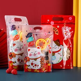 Gift Wrap 50Pcs Chinese Year Lucky Cat Snow Crisp Nougat Self Zipper Bag Cookie Baking Snacks Packaging 230110