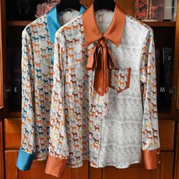 Women's Blouses EWSFV 2023 Autumn Women Horse Printed 2-colors Silk Shirt Temperament Ladies Notched Full Sleeve Ribbon