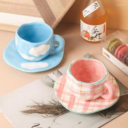 Cups Saucers Korean Hand Painted Lattice Cloud Coffee And Ceramic Handmade Irregular Cup Saucer Set For Tea Latte Home Tableware