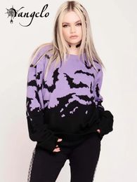 Women's Sweaters Yangelo Gothic Bat Pattern Sweater Y2K Clothes Warm Purple Stitching Long Sleeve Knitting Pullover Autumn Winter 230109