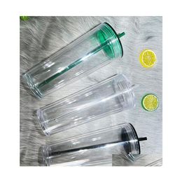 Tumblers 24Oz Clear Plastic Flat Lid Acrylic Water Bottles With St Double Walled Portable Office Coffee Mug Reusable Transparent Sol Dhwqd
