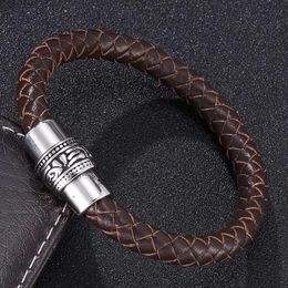 Bangle Mens Trendy Bracelet Jewelry Brown Woven Leather Male Bracelets Vintage S.Steel Magnetic Buckle Casual Wristband Gifts