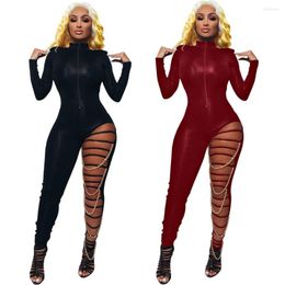 Women's Jumpsuits Sexy Bandage Leg Jumpsuit With Chain Women Party Clubwear Long Sleeve Turtleneck Bodycon Rompers Ribbed Pants Clothes