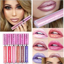 Lip Gloss Handaiyan Liquid Lipstick Tubes Glitter Metallic Waterproof Diamond Shine Non Stick Cup Charm Longlasting Makeup Lipgloss Dhqps