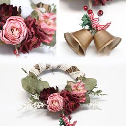 Decorative Flowers Artificial Silk Cloth Rose Cotton Green Leaves Rattan Ring Bells Wreath Welcome Sign Hanging Door Decor Home Wall