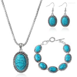 Necklace Earrings Set Silver Plated Oval Shape Green Turquoises Stone Drop Bracelet Fashion