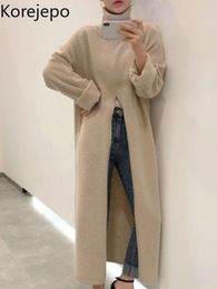 Women's Sweaters Korejepo Split Chic Long Sweater Autumn Winter Women High Neck Loose Over The Knee Thin Bottomed Pullover 230109
