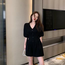 Women's Jumpsuits Korean Version Of The V-neck Bubble Sleeve High Waist Single-breasted Temperament Jumpsuit Female Summer Wild Wide-leg