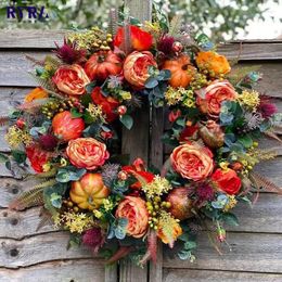 Decorative Flowers Fall Peony And Pumpkin Wreath Artificial Door Hanging Round Halloween Thanksgiving Garland For Front Festival Celebration