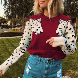 Women's Sweaters Fashion Women Animal Print Sweater 2023 Leopard Printing O-Neck Long Sleeve Short Pullover Loose Blouse Jumper Femme