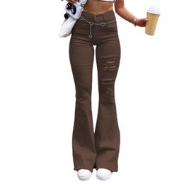 Women's Pants & Capris Women Spring Autumn Streetwear Korean Fashion Solid Color High Waist Hole Harajuku Flared Brown/ Orange