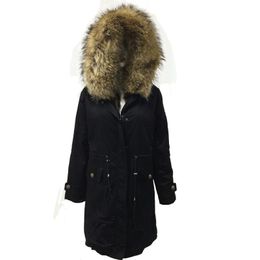 Men's Leather & Faux Casual Tartan Raccoon Fur Parka Natural Colour Real Collar Daily Waterproof Black Long Men Coat Waist Adjustable