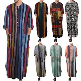 Ethnic Clothing Men's Muslim Robes Jubba Thobe Striped Long Sleeve Cotton With Pockets Casual Vintage Islamic Arab Kaftan Men Dubai