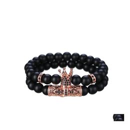 Beaded Strands 8Mm Beads Bracelets Black Matte Onyx Stone Sets Charm King Crown Women Men Jewelry Drop Delivery Dhiib