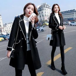 Women's Wool Hepburn Style Thick Woolen Jacket Women Mid-Length 2023Autumn Winter Outwear Black Windbreaker Suit Collar Coat Female L536