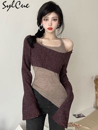 Women's TShirt Sylcue Intellectual Elegant Simple Solid Colour Fake Two Pieces Casual Knitted Elastic Breathable Long Top 230110