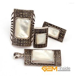 Necklace Earrings Set Semi Sapphir E(White Shell) Rectangle Antiqued Tibetan Silver Ring Pendant Jewelry For Party Women Gift