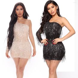 Casual Dresses Sexy One Shoulder Sequined Mini Dress Women Long Sleeve Party Clubwear Fashion Asymmetric Birthday Sundress Clothes