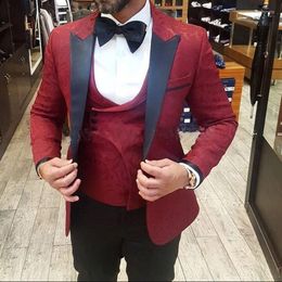 Men's Suits 3Pc Burgundy Printed Fabric Men's Sets Wedding Bridegroom Man Jacket Black Pants Vest Slim Fit Men Set Business