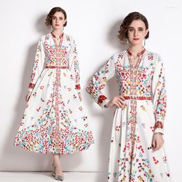 Casual Dresses Softerable Loose Big Swing Ethnic Women For Autumn White Base Red Small Flower Printed High Waist Robe Vintage Vestidos