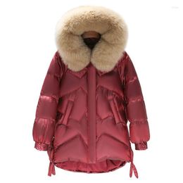 Women's Trench Coats Large Fur Collar Down Jacket Women 2023 Winter Fashion Wine Red Mid-Length White Duck Cotton Padded Parkas Female Coat