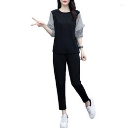 Women's Two Piece Pants 2023 Summer Women Single Piece/Suit Sports Style Female Wear Belly Stripe Set T-Shirt Top Round Neck Two-Piece 2PCS