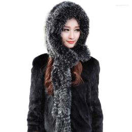 Scarves 2023 Real Fur Hat With Scarf Knitted Women Thick Warm Winter Cap Earflap Russia Hats Arrival
