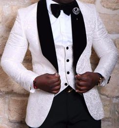 Men's Suits 3Pc White Printed Fabric Men's Sets Wedding Bridegroom Man Jacket Pants Vest Slim Fit Men Set Business High-quality