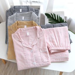 Women's Sleepwear Japanese Couple Pyjamas Long-sleeved Trousers Two-piece Cotton Gauze Simple Plaid Home Service Suit For Men And Women