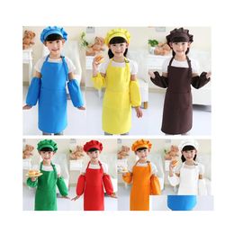 Aprons Kids Pocket Craft Cooking Baking Art Painting Kitchen Dining Bib Children 10 Colors Drop Delivery Home Garden Textiles Dhbec